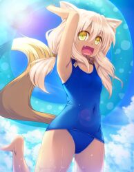  :d animal_ears blonde_hair blue_one-piece_swimsuit collar commentary_request female fox_ears fox_tail highres holding innertube leg_up long_hair oerba_yun_fang one-piece_swimsuit open_mouth original school_swimsuit smile solo sorano_(12gou) swim_ring swimsuit tail tan twintails wet yellow_eyes 