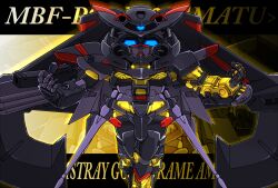  character_name chibi commentary_request gundam gundam_astray_gold_frame_amatsu_mina_custom gundam_seed gundam_seed_astray letterboxed mecha memento_vivi no_humans robot solo sword weapon zoom_layer 