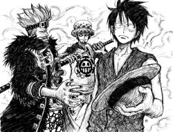  3boys eustass_captain_kid fighting_stance fuzzy_hat goggles gun handgun hat hat_removed headwear_removed knife looking_at_viewer male male_focus male_only monkey_d_luffy monochrome multiple_boys one_piece pen_(medium) pistol raglan_sleeves sabaody_archipelago scabbard scar sheath straw_hat supernova sword trafalgar_law weapon 