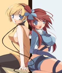  2girls ass bad_id bad_pixiv_id blonde_hair blue_eyes breasts choker crop_top elesa_(pokemon) endou_chihiro gloves hair_ornament headphones highres large_breasts long_hair midriff multiple_girls pantyhose poke_ball_symbol pokemon pokemon_bw red_hair short_shorts shorts sideboob skyla_(pokemon) 