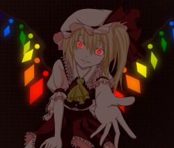  ascot blonde_hair commentary_request crystal female flandre_scarlet frills glowing glowing_eyes hasebe_akira hat hat_ribbon outstretched_hand puffy_sleeves red_eyes ribbon short_sleeves side_ponytail slit_pupils solo touhou wings 