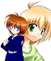  1boy belt blonde_hair blush brown_hair buckle choujin commentary_request female lyrical_nanoha mahou_shoujo_lyrical_nanoha mahou_shoujo_lyrical_nanoha_a&#039;s mahou_shoujo_lyrical_nanoha_a&#039;s_portable:_the_battle_of_aces mahou_shoujo_lyrical_nanoha_a&#039;s_portable:_the_gears_of_destiny military military_uniform short_hair stern_the_destructor tsab_naval_military_uniform uniform yuuno_scrya 