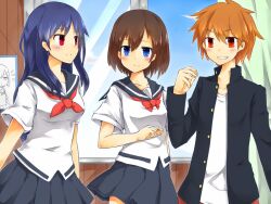  3girls bad_id bad_pixiv_id blazer blue_eyes blush brown_hair crossdressing eguchi_sera gakuran grin jacket long_hair mahjong mahjong_tile multiple_girls onjouji_toki pleated_skirt rimukoro saki_(manga) saki_achiga-hen school_uniform senriyama_school_uniform serafuku shimizudani_ryuuka short_hair short_sleeves skirt smile tomboy 