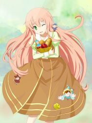  apple bag bread commentary_request crossover dress fairy_(jintai) female food fruit fujino_(yoshi9798174) green_eyes highres jinrui_wa_suitai_shimashita long_hair moyashimon one_eye_closed oryzae-tan pink_hair season_connection smile very_long_hair watashi_(jintai) 