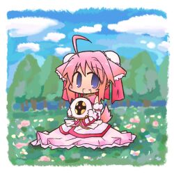  ahoge animal_ears chibi commentary_request day dog_days dog_ears dog_girl dog_tail female frisbee gloves hair_ribbon luu millhiore_f._biscotti oerba_yun_fang outdoors pink_hair pink_tail purple_eyes ribbon solo tail 