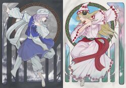  2girls art_nouveau barefoot baten_(gei-vorugu) blonde_hair blue_eyes blue_hair bow closed_eyes commentary_request hat highres letty_whiterock lily_white multiple_girls photoshop_(medium) scarf short_hair symmetry touhou 