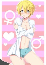  blonde_hair blue_eyes blush boxers breast_squeeze breasts cleavage covering crossdressing female heart kneeling kochi mars_symbol navel open_clothes open_mouth open_shirt original shirt short_hair sitting socks solo sweatdrop underwear venus_symbol 