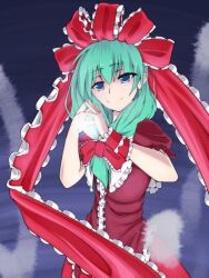  aqua_hair arm_ribbon blue_eyes bow commentary_request dress extrawine female fingers_together front_ponytail hair_ornament hair_ribbon hairbow highres kagiyama_hina light long_hair looking_at_viewer own_hands_together red_dress ribbon smile solo touhou 