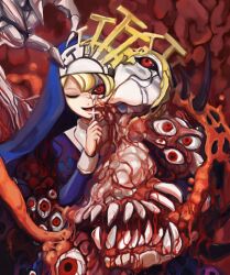  blonde_hair blood commentary_request cross double_(skullgirls) fangs female horns monster nun organs rapan red_eyes skullgirls smile solo teeth transformation veins 