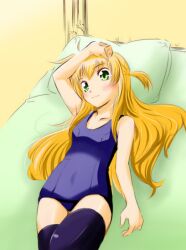  arisa_bunnings blonde_hair blush colorized commentary_request cotonpot female green_eyes long_hair looking_at_viewer lying lyrical_nanoha mahou_shoujo_lyrical_nanoha on_back one-piece_swimsuit school_swimsuit smile solo swimsuit thighhighs 