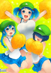  3girls :d alternate_costume armpits arms_up blue_eyes blue_hair blush bouncing_breasts braid breasts cheerleader commentary_request dark_haired_kappa extra glasses glasses_kappa hair_bobbles hair_ornament hair_over_eyes hat highres kappa_mob_(touhou) kawashiro_nitori large_breasts long_hair md5_mismatch multiple_girls open_mouth panties pom_pom_(cheerleading) sakushin short_hair short_twintails skirt smile touhou twin_braids twintails two_side_up underwear white_panties 