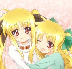  2girls alicia_testarossa blonde_hair blush commentary_request fate_testarossa hair_ribbon lyrical_nanoha mahou_shoujo_lyrical_nanoha mahou_shoujo_lyrical_nanoha_a&#039;s multiple_girls red_eyes ribbon siblings sisters smile tears twintails yorousa_(yoroiusagi) 