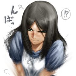  !? alice:_madness_returns alice_liddell_(american_mcgee&#039;s_alice) american_mcgee&#039;s_alice apron black_hair blush breasts ceramic_man commentary_request female green_eyes highres jewelry long_hair medium_breasts motion_blur necklace sweatdrop white_background 