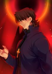  1boy blue_robe brown_eyes brown_hair cassock cheekbones closed_mouth collared_robe commentary_request cross cross_necklace curtained_hair fate/stay_night fate_(series) fingernails from_side great_grail jewelry kotomine_kirei latin_cross long_sleeves looking_to_the_side male_focus mandarin_collar necklace profile red_background robe solo sunday31 upper_body 