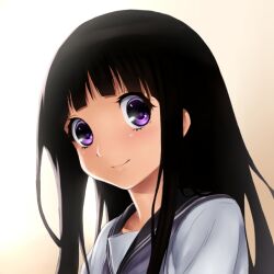  bad_id bad_pixiv_id black_hair blunt_bangs chitanda_eru commentary_request female hyouka kamiyama_high_school_uniform_(hyouka) light_smile long_hair looking_at_viewer onsoku_inu paint.net_(medium) purple_eyes school_uniform serafuku simple_background smile solo 