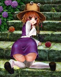  ass blonde_hair brown_eyes commentary_request female flower frog hat hydrangea kabaji looking_back moriya_suwako oil_painting_(medium) painting_(medium) shoe_dangle short_hair solo stairs thighhighs touhou traditional_media white_thighhighs yarn yarn_ball 