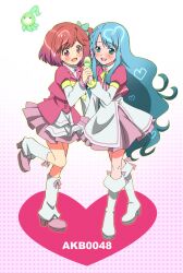  2girls akb0048 bad_id bad_pixiv_id blue_eyes blue_hair blush boots bow commentary_request hairbow heart legs long_hair microphone motomiya_nagisa multiple_girls open_mouth photoshop_(medium) red_eyes red_hair short_hair sono_chieri sugise_satoshi very_long_hair 