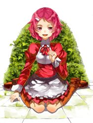  bad_id bad_pixiv_id blush boots bush dress female hair_ornament hairclip hajime_kaname highres lisbeth_(sao) open_mouth pink_hair purple_eyes short_hair sitting smile solo sword_art_online wariza 