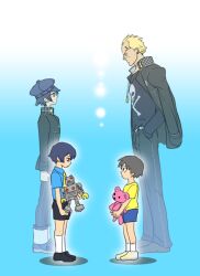  2boys 2girls age_difference aged_down androgynous black_hair blonde_hair blue_hair blush commentary_request dual_persona height_difference multiple_boys multiple_girls nika_(nikasa_an) persona persona_4 photoshop_(medium) reverse_trap school_uniform shirogane_naoto short_hair standing tatsumi_kanji yasogami_school_uniform 