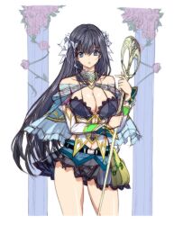  bare_shoulders black_hair blue_eyes bra breasts chinese_commentary cleavage commentary_request covered_nipples detached_sleeves female flower hair_ornament highres large_breasts lingerie long_hair miniskirt navel original panties photoshop_(medium) q_azieru rose see-through skirt solo staff standing thighs underwear 