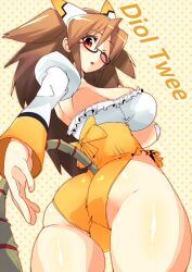  :o ass bad_id bad_pixiv_id brown_hair character_name diol_twee female glasses highres leotard looking_at_viewer looking_down one_eye_closed otomedius red_eyes solo tail whoosaku yellow_leotard 