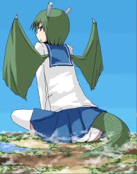  back cloud clouds crush dragon_tail dragon_wings giantess green_eyes green_hair oerba_yun_fang panties school_uniform sitting tail terada_ochiko underwear wings 