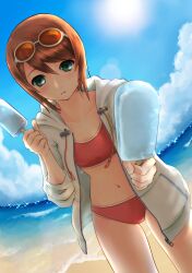  bad_id bad_pixiv_id beach bikini brown_hair day female food green_eyes highres jacket kururi_(oekaki_nikki) official_alternate_costume outdoors popsicle red_bikini rita_mordio rita_mordio_(breezy_beach_girl) short_hair solo summer sunglasses swimsuit tales_of_(series) tales_of_vesperia 