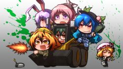  6+girls alternate_costume alternate_eye_color animal_ears assault_rifle battlefield_(series) battlefield_3 bird_wings blonde_hair blue_hair brown_hair c4 camouflage commentary_request controller crystal eyebrows flandre_scarlet food fruit glasses green_hair grin gun handgun hat hat_ribbon helmet highres hinanawi_tenshi leaf long_hair long_sleeves military military_uniform mirror multicolored_hair multiple_girls mystia_lorelei open_mouth orange_eyes paint_splatter peach pink_hair purple_hair rabbit_ears radio_antenna radio_controller red_eyes reisen_udongein_inaba reiuji_utsuho remote_control ribbon rifle rocket_launcher rpg-7 rpg_(weapon) short_hair side-view_mirror skid_loader smile sneer tiger_ears tora_(trampjing) toramaru_shou touhou two-tone_hair uniform weapon wings yellow_eyes 