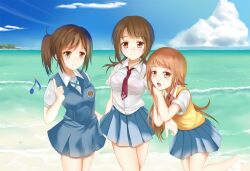  3girls arm_grab barefoot beach bra breasts brown_eyes brown_hair cloud commentary_request day enoshima leaning_forward long_hair looking_at_viewer medium_breasts miyabi_(miyabi) miyamoto_konatsu multiple_girls musical_note necktie okita_sawa open_mouth orange_hair outdoors pleated_skirt ponytail sakai_wakana school_uniform see-through skirt sky smile sweater_vest tari_tari twintails underwear water wet wet_clothes 