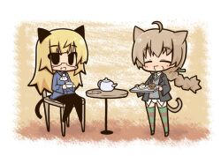  2girls animal_ears blonde_hair brown_hair cake cat_ears cat_girl cat_tail chair commentary_request food glasses luu lynette_bishop multiple_girls pantyhose perrine_h._clostermann strike_witches striped_clothes striped_thighhighs table tail tea teapot thighhighs world_witches_series 