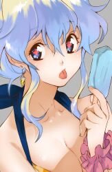  alternate_hairstyle breasts cleavage close-up commentary_request cross-shaped_pupils drill earrings female food jewelry medium_breasts multicolored_hair nia_teppelin photoshop_(medium) popsicle solo symbol-shaped_pupils tengen_toppa_gurren_lagann tongue two-tone_hair yukimitsuki 