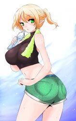  alternate_breast_size alternate_hairstyle ass blonde_hair bottle breasts commentary_request crop_top female green_eyes green_shorts han_(jackpot) mizuhashi_parsee navel pointy_ears ponytail shorts solo sweat touhou 