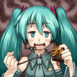  aqua_eyes aqua_hair bare_shoulders blush cassette_tape commentary_request detached_sleeves female hair_ornament hatsune_miku headset kakkou_(su) long_hair lowres necktie open_mouth partial_commentary solo tattoo twintails vocaloid 