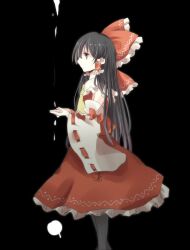  apple ascot bad_apple!! bad_id bad_pixiv_id black_hair bow brown_eyes detached_sleeves female food frills fruit hair_tubes hairbow hakurei_reimu long_hair pantyhose pasutel red_bow solo touhou wide_sleeves 