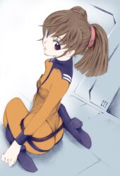  bodysuit brown_hair commentary_request female jason_(kaiten_kussaku_kikou) looking_back misaki_yuria orange_bodysuit photoshop_(medium) sitting solo uchuu_senkan_yamato uchuu_senkan_yamato_2199 wariza 