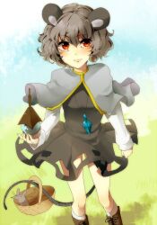  animal_ears bad_id bad_pixiv_id basket bishamonten&#039;s_pagoda boots capelet curly_hair dress female grey_hair holding holding_with_tail jewelry light_smile mouse_ears mouse_tail nazrin neko-san_(dim.dream) pendant prehensile_tail red_eyes short_hair solo standing tail touhou 