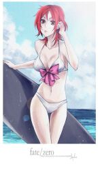  bad_id bad_pixiv_id bikini bow community666 fate/zero fate_(series) female red_eyes red_hair short_hair sola-ui_nuada-re_sophia-ri solo swimsuit watermark web_address white_bikini 