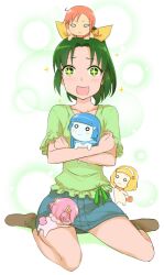  +_+ :3 :d ahoge aoki_reika bad_id bad_pixiv_id blonde_hair blue_hair blush bow bubble_background creature denim denim_skirt female frown green_eyes green_hair green_shirt hair_ornament hairband hairbow hairclip hino_akane_(smile_precure!) hoshizora_miyuki hug midorikawa_nao minatsuki_randoseru o_o open_mouth orange_hair patting pink_hair precure shirt shirt_tug sitting skirt smile smile_precure sparkle tail wariza white_background white_hairband yayoi_kise 