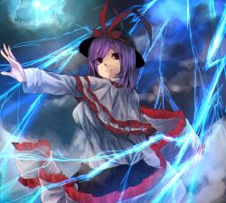  bad_id bad_pixiv_id blush capelet cloud electricity female hat migihidari_(puwako) nagae_iku purple_hair red_eyes shawl short_hair skirt smile solo touhou 