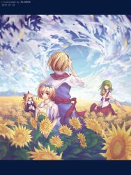  3girls alice_margatroid alice_margatroid_(pc-98) apron artist_name ascot blonde_hair blue_eyes bow capelet cloud commentary_request dated day doll field flower flower_field frills garden_of_the_sun green_hair hairband hairbow highres kazami_yuuka letter long_sleeves multiple_girls outdoors rainbow2319682 red_eyes sash shanghai_doll short_hair short_sleeves sky smile sunflower sunflower_field touhou touhou_(pc-98) umbrella wind 