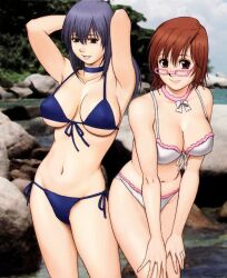  2girls bikini black_hair breasts brown_eyes brown_hair glasses hana-san_no_kyuujitsu large_breasts long_hair multiple_girls photoshop_(medium) saigado short_hair smile swimsuit wakai_hana 