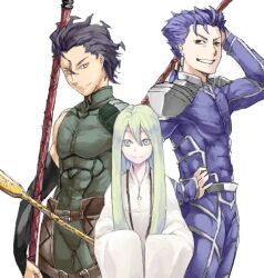  1other 2boys ahoge black_hair blue_hair commentary_request cu_chulainn_(fate) cu_chulainn_(fate/stay_night) diarmuid_ua_duibhne_(lancer)_(fate) earrings enkidu_(fate) fate/stay_night fate/strange_fake fate/zero fate_(series) gae_bolg_(fate) gae_buidhe_(fate) gae_dearg_(fate) green_eyes green_hair jewelry light_green_hair long_hair male_focus mole mole_under_eye multiple_boys name_connection polearm ponytail red_eyes robe spear torinoko_tamago weapon yellow_eyes 