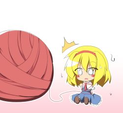  alice_margatroid blonde_hair blush bound capelet chibi commentary_request female hairband long_skirt necktie open_mouth senba_chidori short_hair skirt solo sweatdrop tied_up_(nonsexual) touhou yarn yarn_ball 