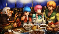  4boys afro alcohol beard beer blue_eyes blue_hair bouleuse_gotho chicken_(food) chirico_cuvie chopsticks clenched_hand closed_eyes coconna collarbone commentary_request earrings eating facial_hair female food glass gloves green_eyes grin hand_on_another&#039;s_shoulder holster jean_paul_rochina jewelry military multiple_boys noodles open_mouth orange_hair pilot_suit pink_hair ramen satou_toshio_(suisuisuisui) short_hair shoulder_pads skewer smile soukou_kihei_votoms steam vanila_varta 