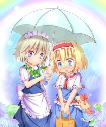  &gt;_&lt; 2girls alice_margatroid apron basket blonde_hair blue_eyes blush bow braid capelet closed_eyes commentary_request doll flower frills grey_hair hairband hairbow holding holding_umbrella hydrangea izayoi_sakuya long_skirt maid maid_headdress multiple_girls open_mouth rain rainbow sash shanghai_doll shared_umbrella short_hair short_sleeves skirt smile snail touhou twin_braids umbrella umi_suzume 