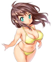  bad_id bad_pixiv_id bikini breasts brown_hair commentary_request female green_eyes large_breasts navel onsoku_inu original paint.net_(medium) plump simple_background smile solo swimsuit white_background yellow_bikini 