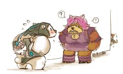  2girls ? aa2233a annie_(league_of_legends) bear blush bouquet chinese_commentary commentary_request flower league_of_legends multiple_girls pink_hair polar_bear reverse_annie sejuani spoken_question_mark sweatdrop tibbers volibear 