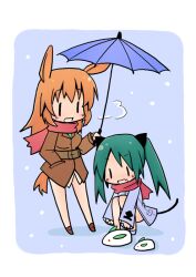  2girls animal_ears cat_ears cat_girl cat_tail charlotte_e._yeager commentary_request francesca_lucchini luu multiple_girls oerba_yun_fang rabbit_ears rabbit_girl scarf snow snow_rabbit strike_witches tail twintails umbrella world_witches_series 