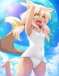  :d animal_ears blonde_hair collar commentary_request day female fox_ears fox_tail highres holding innertube leg_up long_hair oerba_yun_fang one-piece_swimsuit open_mouth original school_swimsuit smile solo sorano_(12gou) swim_ring swimsuit tail tan twintails wet white_one-piece_swimsuit yellow_eyes 