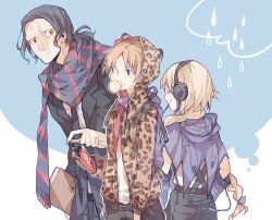  2boys animal_print bad_id bad_pixiv_id blonde_hair braid brown_hair casual fate/apocrypha fate/zero fate_(series) female food gilles_de_rais_(caster)_(fate) grey_hair hood hood_down hood_up hoodie jeanne_d&#039;arc_(fate) jeanne_d&#039;arc_(ruler)_(fate) jotman leopard_print long_hair multiple_boys pocky ponytail scarf single_braid uryuu_ryuunosuke 